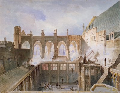 Pohled na zničení kaple svatého Štěpána, Westminsterský palác, Londýn, 1834 od John Taylor