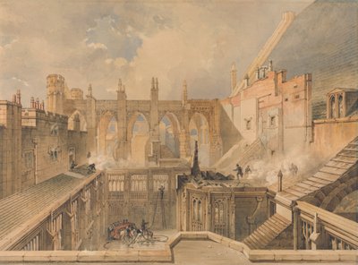 Pohled na zbytky kaple sv. Štěpána, budovy parlamentu ráno po požáru 16. října 1834 od John Taylor Jr.