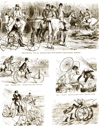 Karikatura zobrazující muže lovícího na tříkolce. Ilustroval John Tenniel (1820-1914), anglický ilustrátor, grafický humorista a politický karikaturista od John Tenniel