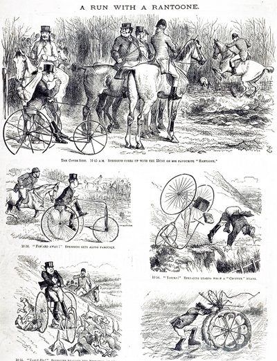 Karikatura zobrazující muže lovícího na tříkolce. Ilustroval John Tenniel (1820-1914), anglický ilustrátor, grafický humorista a politický karikaturista od John Tenniel
