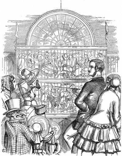 Albert, princ choť královny Viktorie, předvádí Crystal Palace a Velkou výstavu v Hyde Parku v Londýně. John Tenniel karikatura z Punch London 1851. Dřevoryt od John Tenniel