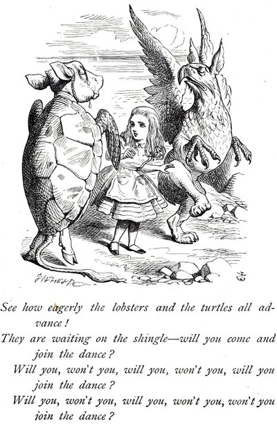 Alice, Mock Turtle a Gryphon z Alenčina dobrodružství v říši divů od John Tenniel