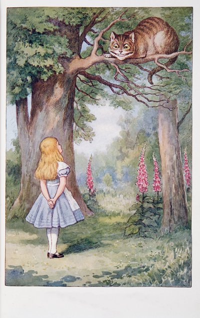 Alenka a kočka z Cheshire, Alenčina dobrodružství v říši divů a skrz zrcadlo a co tam Alenka našla, Lewis Carroll (1832 - 98), vydáno 1911 (barevná litografie) od John Tenniel