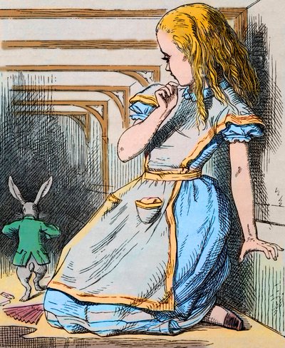 Alice a bílý králík. Ilustrace Johna Tenniela z prvního vydání knihy Lewise Carrolla „Alice