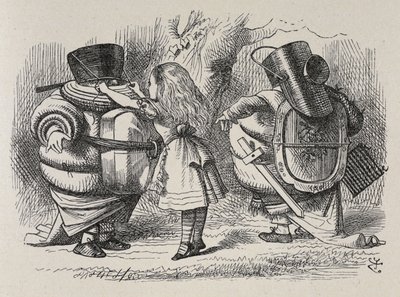 Alice obléká Tweedledee a Tweedledum. od John Tenniel