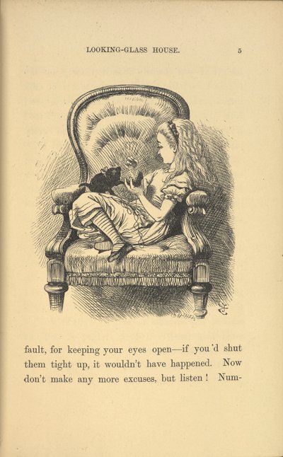 Alice sedí v křesle a hraje si s kotětem. od John Tenniel