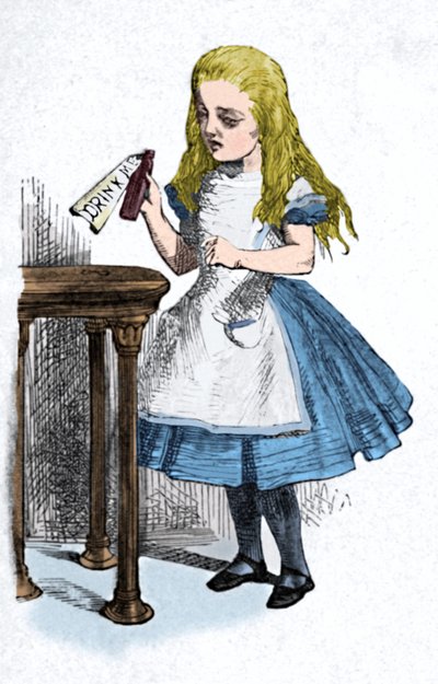 Alice se dívá na láhev s nápisem pij mě, 1889 od John Tenniel