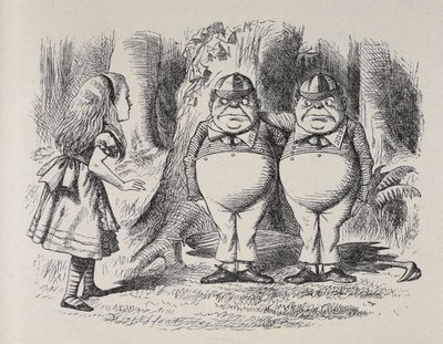 Alice se poprvé setkala s Tweedlem Deem a Tweedlem Dumem. Stáli pod stromem, každý s paží kolem krku druhého, a Alice za chvíli věděla, která je která, protože jeden z nich měl na límci vyšité „Dum“ a druhý „Dee. od John Tenniel