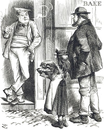 Kreslený komentář k omezeným možnostem vaření v chudých domácnostech, kde často nebyla trouba od John Tenniel