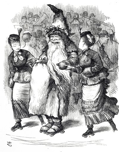 Karikatura zobrazující Otec Vánoc na kolečkových bruslích od John Tenniel