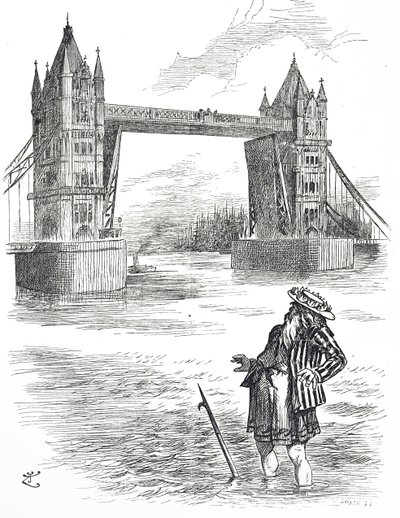 Karikatura zobrazující otce Thamese obdivujícího Tower Bridge v Londýně od John Tenniel