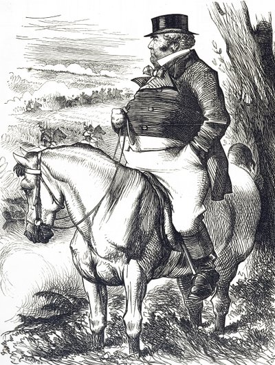 Karikatura zobrazující Johna Bulla, jak sleduje podzimní manévry od John Tenniel