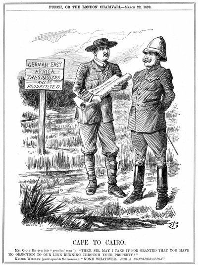Cecil John Rhodes (1852-1902) Jihoafrický státník anglického původu, žádající německého císaře o povolení vést telegrafní linku přes německou východní Afriku. Cape To Cairo, karikatura od Johna Tenniela z 