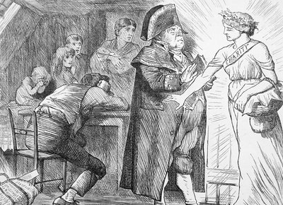 Charita smetla protesty pana Brumbla ve svém odhodlání přinést úlevu chudým rodinám v nouzi od John Tenniel