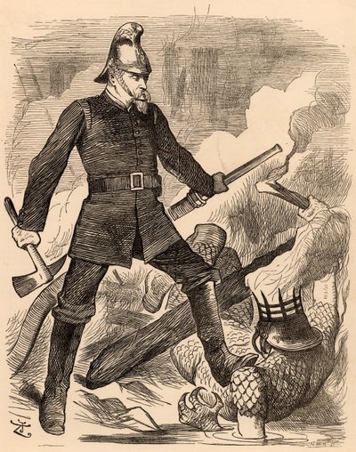 Eyre Massey Shaw bojující s ohněm, z "Punch" Londýn, 20. srpna 1887 (rytina) od John Tenniel