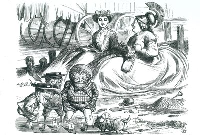 Francie a Británie sledují děti (John Bull, pan Punch a Napoleon III). Letos to bylo 50 let míru mezi Francií a Británií a začátek Entente Cordiale. Karikatura Johna Tenniela z 