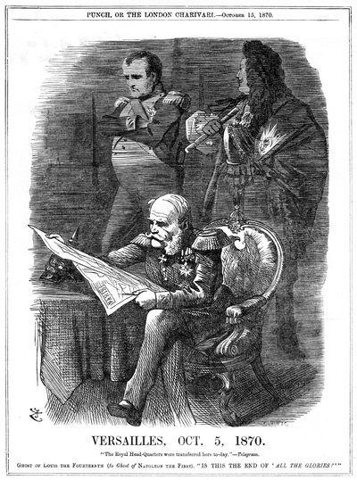 Francouzsko-pruská válka 1870-1871: Odstíny Ludvíka XIV. a Napoleona I. naříkající nad uvadající slávou Francie. 5. října 1870 pruský král Wilhlem I. učinil Versailles svým sídlem a 18. ledna byl v Zrcadlové síni prohlášen německým císařem. od John Tenniel