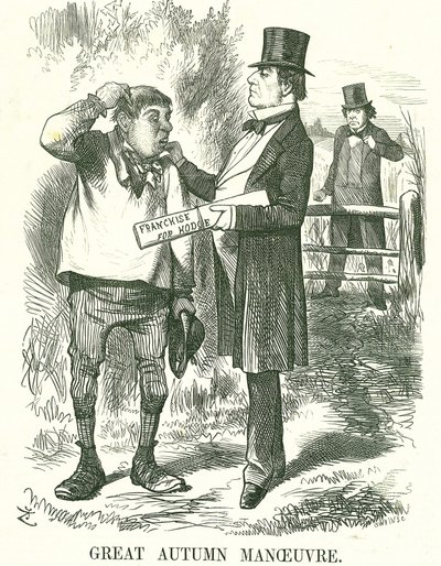 Great Autumn Manoeuvre: Gladstone si myslel, že nakonec musí být hlas udělen zemědělským dělníkům (Hodge). V této době byl jeho premiérský úřad nejistý a Disraeli čeká, až zaujme jeho místo. John Tenniel karikatura z Punch, Londýn, 9. srpna 1873. od John Tenniel