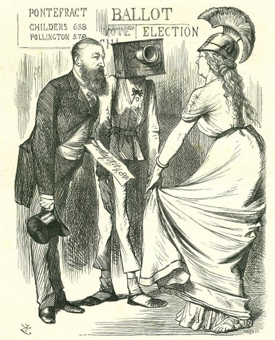 Hugh Childers (1827-1896) britský poslanec, vyprávějící Britannia o úspěchu nové volební urny. Karikatura Johna Tenniela z 