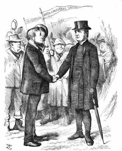 Joseph Arch (1826-1919) anglický odborář, politik a zemědělský dělník. Zakladatel Národního svazu zemědělských dělníků. Arch pozdravuje biskupa z Manchesteru, který podpořil Unii v dopise The Times. Karikatura Johna Tenniela z Punch London od John Tenniel