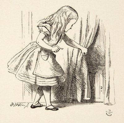 Pohled za oponu, z knihy Alenčina dobrodružství v říši divů od Lewise Carrolla (1832 - 98), vyd. 1891 od John Tenniel