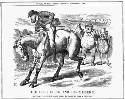 Pan Punch říká Johnu Bullovi, aby ignoroval Charlese Stewarta Parnella (1846-1891), irského politika, protože určitě přijede na irského koně. John Tenniel karikatura z Punch London 5. září 1885. Rytina od John Tenniel