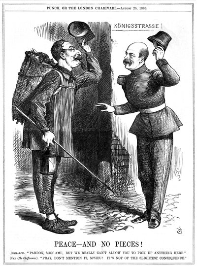 Napoleon III., francouzský císař 1852-1870, oblečený jako hadr (Chiffonnier), varován Otto von Bismarckem, pruským kancléřem. Napoleonovy územní ambice vedly k francouzsko-pruské válce v letech 1870-71. Karikatura Johna Tenniela z Punch, Londýn, 25. srpna od John Tenniel