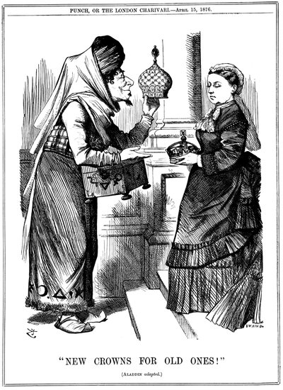Nové koruny pro staré!, Benjamin Disraeli nabízející korunu Indie královně Viktorii, 1876 od John Tenniel