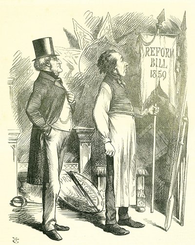 Politická ekonomie: Reforma parlamentu - rozšíření franšízy. Disraeli (kancléř) a Derby (premiér) oprašují reformní zákon. V roce 1867 Disraeli představil nový zákon. John Tenniel karikatura z Punch, Londýn od John Tenniel