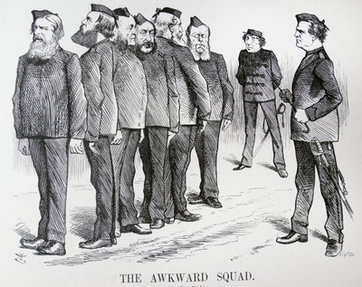 NETRAPNÁ DRUŽINA. Karikatura John Tenniel. Potíže, které měl Disraeli s různými názory ve svém kabinetu na politiku rusko-turecké války od John Tenniel