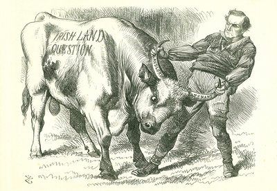 Vzít (irského) býka za rohy: Návrh zákona prošel parlamentem 15. února 1870 a získal královský souhlas 8. července. William Gladstone, předseda vlády, zabývající se tímto problémem. John Tenniel karikatura z Punch, Londýn, 26. února 1870. od John Tenniel