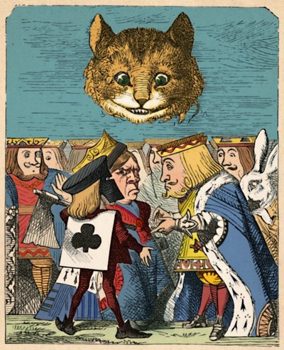 Cheshire Cat shlíží na Rudého krále a královnu, kteří se hádají, 1889 od John Tenniel