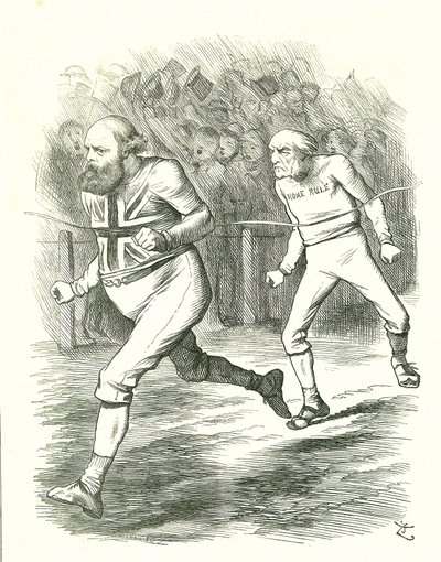 Konec: Všeobecné volby 1886. Gladstone (liberální) odjel do země kvůli svému zákonu o domově vládě pro Irsko. Salisbury (konzervativní opozice) poráží Gladstone až na cílové čáře. John Tenniel karikatura z Punch, Londýn od John Tenniel