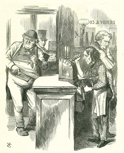 The Honest Pot Boy: Reform of Parliament - rozšíření franšízy. Disraeli podávající reformu Johnu Bullovi sledovala jeho parlamentní opozice. Představil a nesl svůj reformní zákon. Tenniel karikatura z Punch, Londýn od John Tenniel
