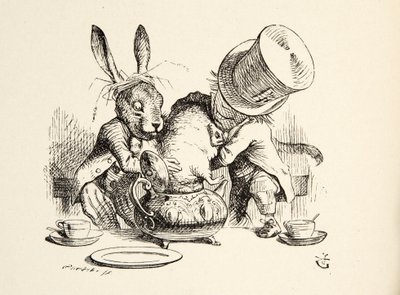 Šílený kloboučník a březnový zajíc vkládající plcha do konvice, z Alenky v říši divů od Lewise Carrolla (1832 - 98), hospoda. 1891 od John Tenniel