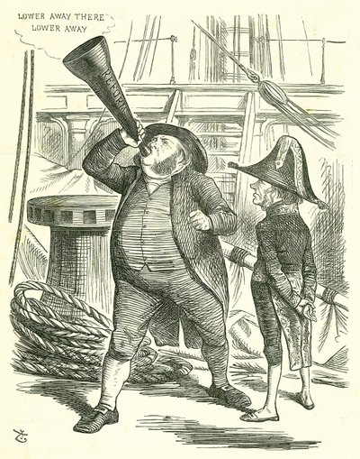 The Officious Passenger: Reform of Parliament - rozšíření franšízy. Předseda vlády, lord John Russell, žádá Johna Brighta, aby přestal vytrubovat reformní zákon. Russell poražen parlamentem o reformě zákona v květnu 1866. John Tenniel karikatura fr od John Tenniel