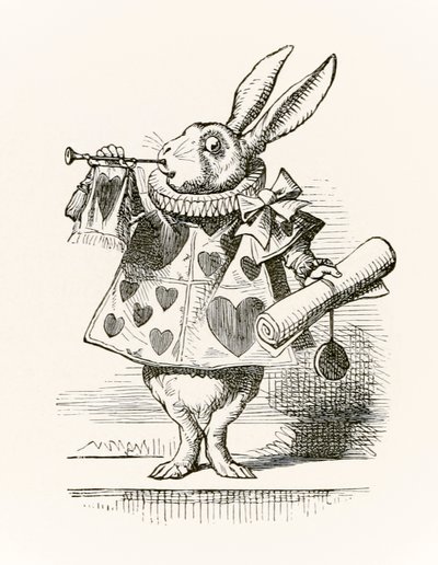 Bílý králík s trubkou a svitkem ohlašující obvinění, z „Alenky v říši divů“ od Lewise Carrolla, která byla poprvé vydána v roce 1865 od John Tenniel