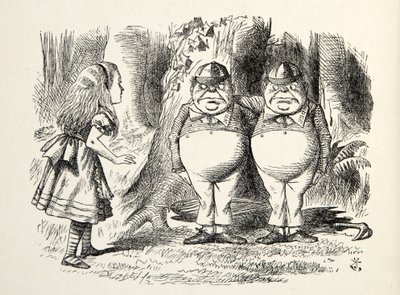Tweedledum a Tweedledee, ilustrace z knihy Through the Looking Glass, Lewis Carroll (1832 - 98), 1872 od John Tenniel
