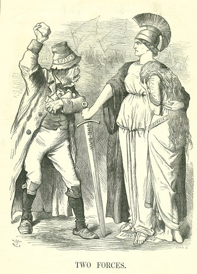 Dvě síly: Irská zemská liga postavena mimo zákon. Britannia chrání Hibernii (Irsko) silou zákona proti síle anarchie. John Tenniel karikatura z Punch, Londýn, 29. října 1881. od John Tenniel