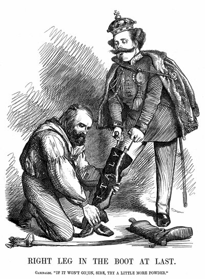 Sjednocení Itálie: Giuseppe Garibaldi (1807-1882) pomáhá Viktoru Emanuelovi II. (1820-78) nazouvat botu Itálie. John Tenniel karikatura z Punch, Londýn od John Tenniel