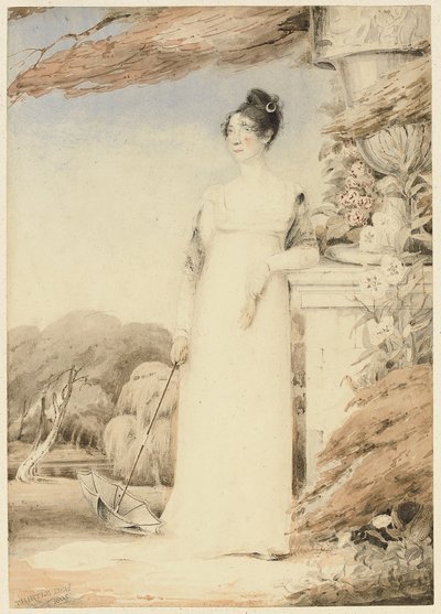 Portrét Ann Miles, později paní John Sell Cotman, celovečerní, pravá ruka drží slunečník, levá paže položená na podstavci, 1805 od John Thirtle