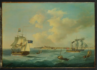 Fregata se 44 děly, osobní kolesový parník a další lodě z přístavu St.Peter, Guernsey, 1825 od John Thomas Serres
