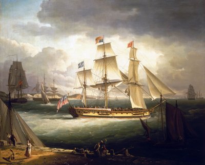 Královská jachta "Royal Sovereign" kotví u pobřeží přístavu. od John Thomas Serres