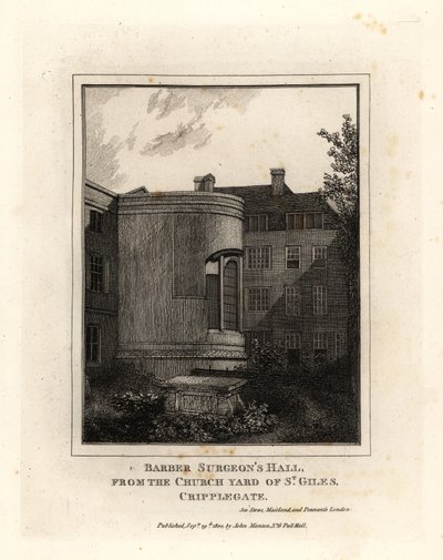 Barber Surgeon’s Hall, Monkwell Street, z nádvoří kostela St Giles, Cripplegate od John Thomas Smith