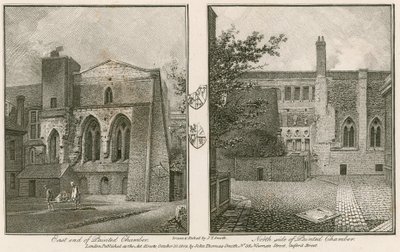 Východní konec (vlevo) a severní strana (vpravo) Malované komory, Westminsterský palác od John Thomas Smith