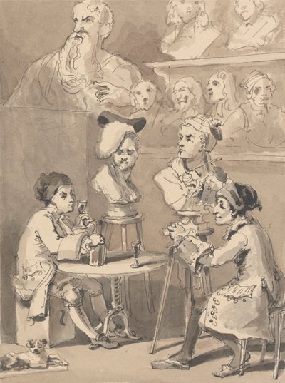 Hogarth sedí u Roubiliaca pro svou bustu od John Thomas Smith