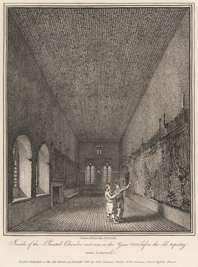 Uvnitř Malované komnaty, jak tomu bylo v roce 1800, než byla odstraněna stará gobelín od John Thomas Smith