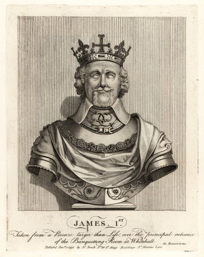 Anglický král Jakub I. sejmutý z bronzové busty nad vchodem do banketní místnosti ve Whitehallu od John Thomas Smith