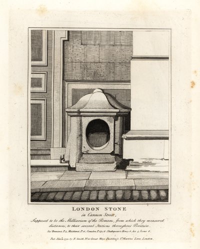 Londýnský kámen v Cannon Street, který má být milníkem neboli Milliarium Římanů od John Thomas Smith