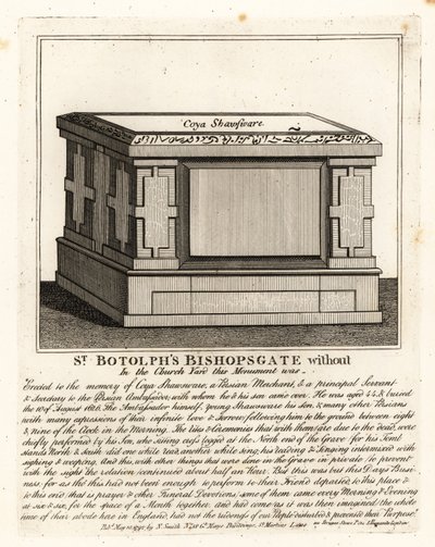 Hrob ve stylu muslimského oltáře Coya Shawsware nebo Khwaja Shahsuwar (1582-1626), obchodník a sekretář Nogdiho prosí perského velvyslance, dříve v St Botolphs, Bishopsgate od John Thomas Smith